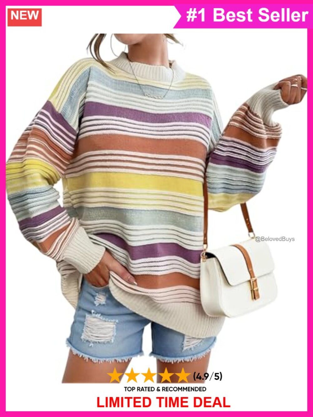 Oversized Contrast Striped Pullover Sweater Crewneck Long Sleeve